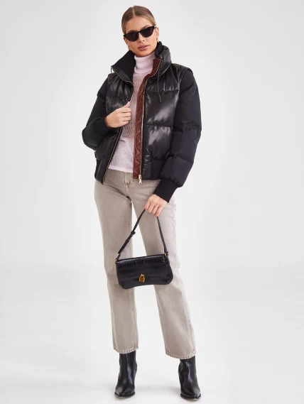 Комбинированный короткий кожаный женский пуховик премиум класса 3029, черный, размер 46, артикул 25330-0