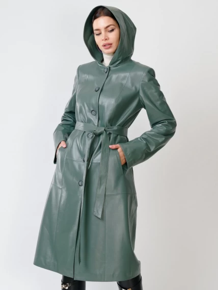Кожаный женский утепленный плащ с капюшоном 380нш, размер 52, оливковый, артикул 91391-6