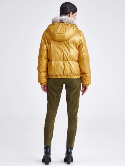 Женская кожаная куртка бомбер с меховым капюшоном премиум класса 3027, желтая, размер 44, артикул 25440-2