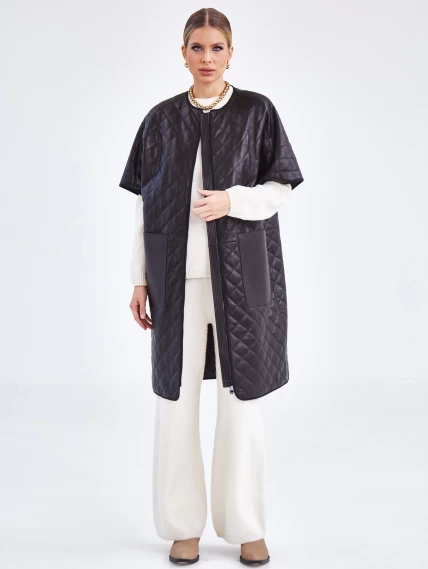 Кожаный женский стеганый жилет премиум класса 07, черный, размер 44, артикул 91971-3