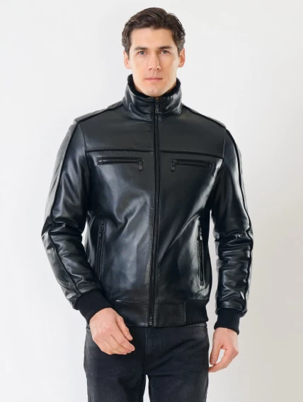 Мужская зимняя кожаная куртка на подстежке из овчины 515, черная, размер 50, артикул 40841-5