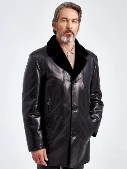 Зимнее мужское кожаное полупальто на подкладке из овчины 5704, черное, размер 48, артикул 40650-0