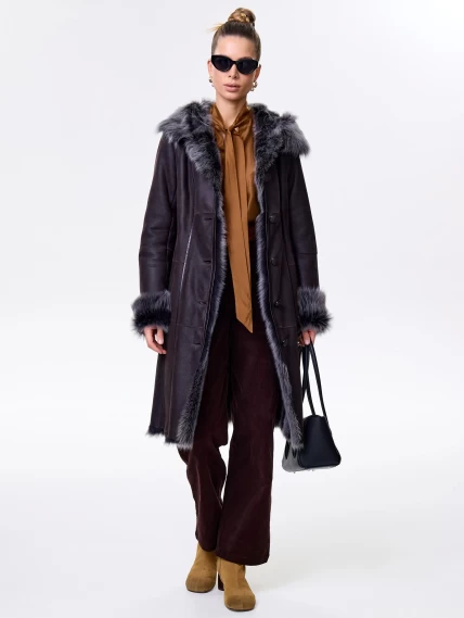 Длинная женская дубленка из тосканы с капюшоном 123нк, коричневая, размер 56, артикул 61483-4