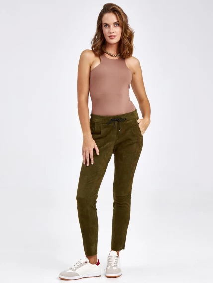 Кожаные женские брюки из натуральной замши 07_1, зеленые, размер 44, артикул 85620-4