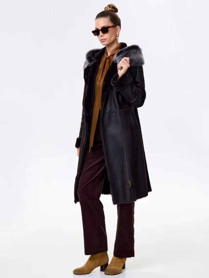 Женская дубленка с капюшоном из тосканы на молнии 265, коричневая, размер 42, артикул 61540-6