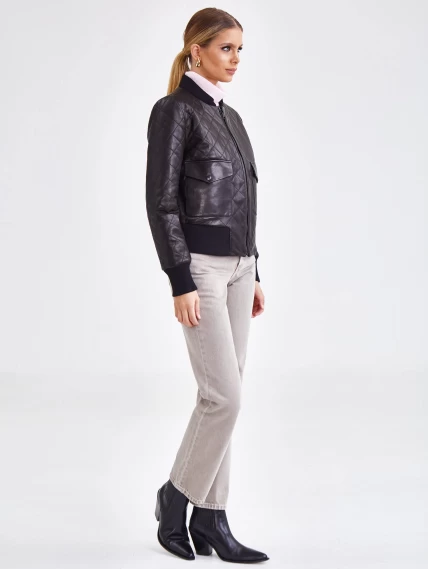 Кожаный стеганый женский бомбер премиум класса 3042, черный, размер 50, артикул 23251-5