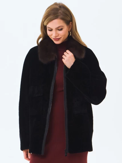 Дубленка женская из астрагана с воротником куницей 2063, черная, размер 46, артикул 64660-0