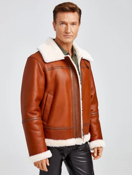 Короткая мужская дубленка пилот премиум класса 430, коньячная, размер 52, артикул 70771-5