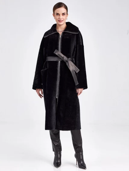 Женское двустороннее пальто из астрагана с поясом премиум класса 2015, черное, размер 48, артикул 63790-0
