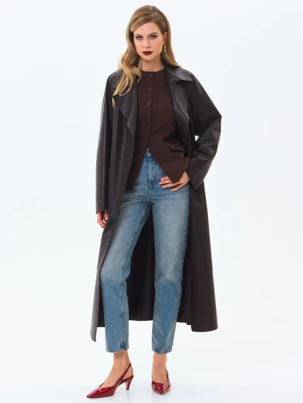 Длинный женский кожаный плащ премиум класса 3081, коричневый, размер 50, артикул 24660-0