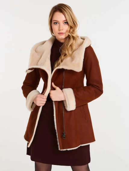 Короткая женская дубленка косуха с капюшоном 200, табачно-рыжая, размер 44, артикул 61250-0