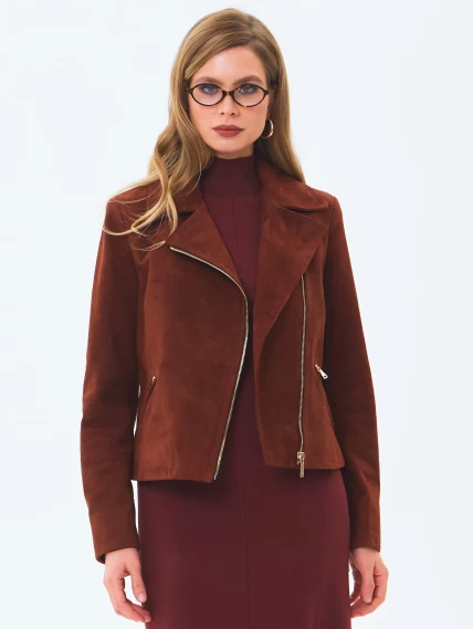 Короткая женская замшевая куртка косуха премиум класса 3095з, табачная, размер 46, артикул 24450-0