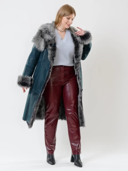 Длинная дубленка из тосканы с капюшоном для женщин 132, синяя, размер 44, артикул 62110-5