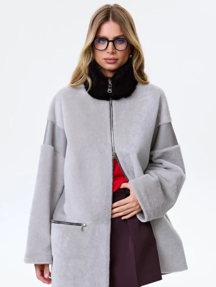 Женское полупальто с норковым воротником из натуральной овчины премиум класса 2057, серое, размер 44, артикул 64500-3