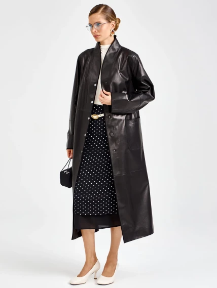 Длинный женский кожаный плащ премиум класса 3099, черный, размер 48, артикул 92120-7