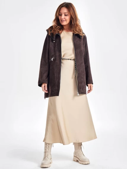 Замшевый женский плащ оверсайз на молнии с капюшоном премиум класса 3053з, коричневый, размер 48, артикул 23470-1