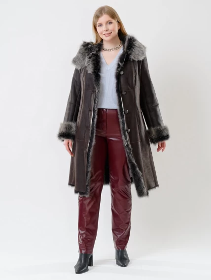 Длинная женская дубленка из тосканы с капюшоном 123нк, коричневая, размер 56, артикул 62082-3