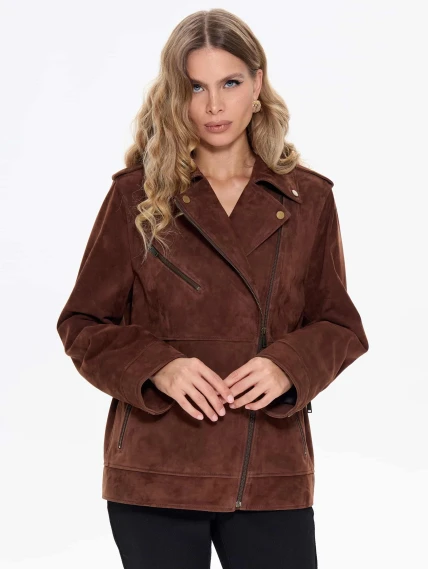Замшевая женская куртка косуха премиум класса 3079з, коньячная, размер 44, артикул 24710-0