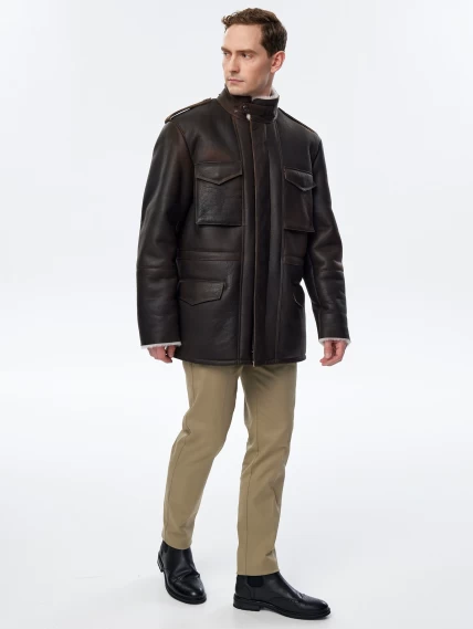 Дубленка мужская с капюшоном премиум класса 433, коричневая, размер 48, артикул 70751-1