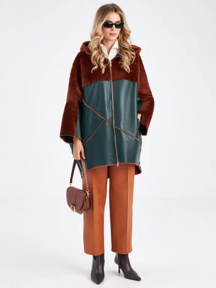 Короткая комбинированная женская дубленка с капюшоном премиум класса 2043, зеленая, размер 46, артикул 63170-4