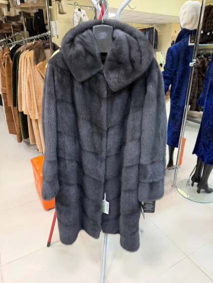 Длинная женская норковая шуба с капюшоном Москвичка-132, графитовая, размер 52, артикул 65390-0