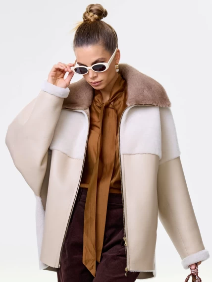 Короткая женская дубленка с норковым воротником премиум класса 2034, бежевая, размер 52, артикул 64180-3