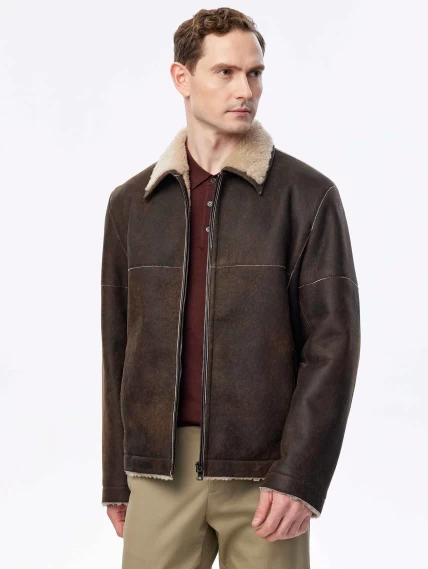 Короткая дубленка из овчины керли премиум класса для мужчин 140, коричневая, размер 52, артикул 71510-4