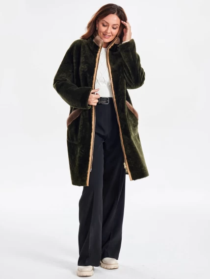 Двусторонняя женская шуба из астрагана с мехом норки премиум класса 2018, хаки, размер 44, артикул 62780-0