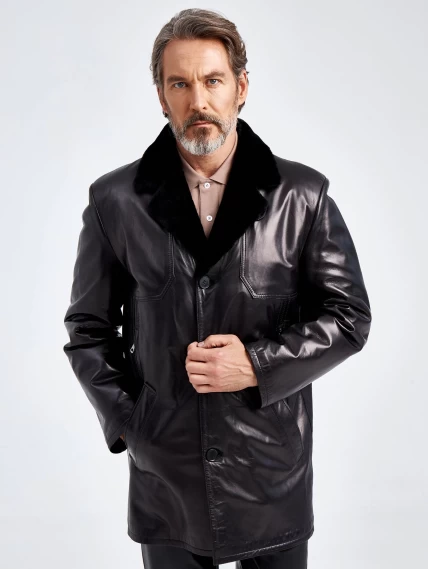 Зимнее мужское кожаное полупальто на подкладке из овчины 5704, черное, размер 48, артикул 40650-6