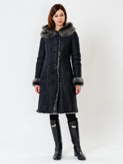Длинная женская дубленка из тосканы с капюшоном 123нк, черная, размер 52, артикул 61871-3