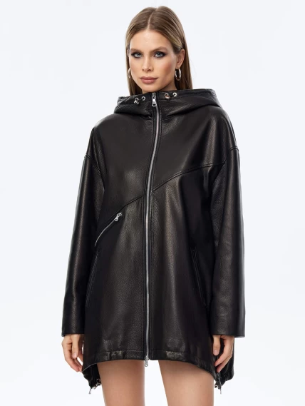 Кожаный плащ оверсайз с капюшоном для женщин премиум класса 3054, черный, размер 48, артикул 24000-1
