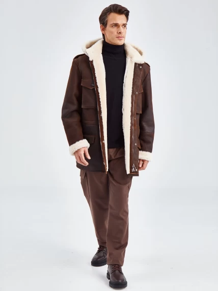 Дубленка мужская с капюшоном премиум класса 433, коричневая, размер 48, артикул 70750-4