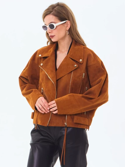 Замшевая короткая куртка косуха для женщин премиум класса 3051з, виски, размер 46, артикул 23410-1