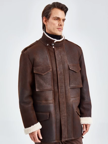 Дубленка мужская с капюшоном премиум класса 433, коричневая, размер 48, артикул 70750-0