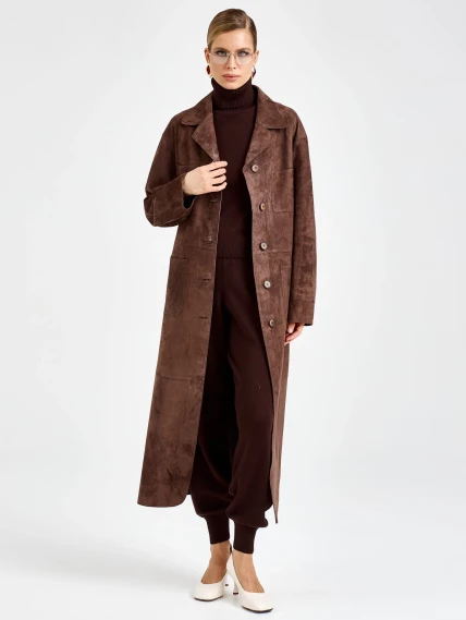 Женский замшевый плащ премиум класса 3112з, коричневый, размер 46, артикул 92370-2