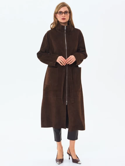 Длинный женский замшевый плащ премиум класса 3082з, коричневый, размер 48, артикул 24670-7