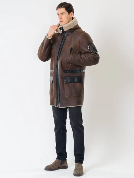 Длинная мужская дубленка с капюшоном премиум класса 429, коричневая, размер 48, артикул 70560-3