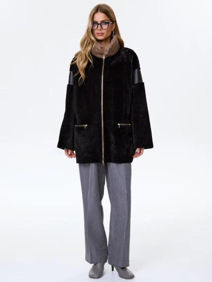 Женское полупальто с норковым воротником из натуральной овчины премиум класса 2057, черное, размер 52, артикул 64330-5