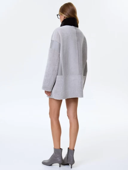 Женское полупальто с норковым воротником из натуральной овчины премиум класса 2057, серое, размер 44, артикул 64500-6