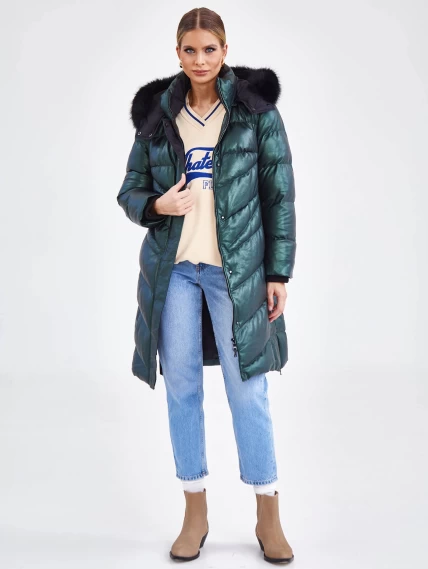 Женское стеганое кожаное пальто с меховым капюшоном премиум класса 3048, зеленое, размер 44, артикул 25680-6