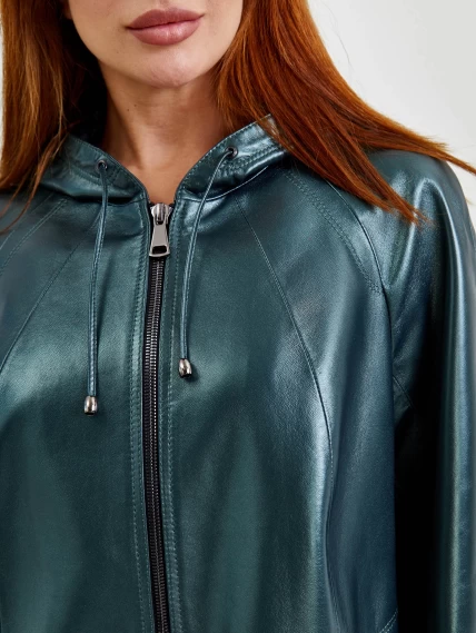 Кожаная женская куртка оверсайз с капюшоном 383, зеленая, размер 48, артикул 91791-4