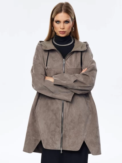 Замшевый плащ оверсайз с капюшоном для женщин премиум класса 3059з, серый, размер 52, артикул 23570-2