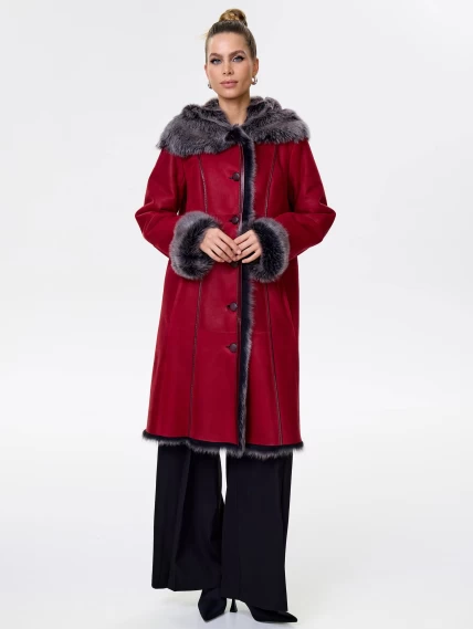 Длинная женская дубленка из тосканы с капюшоном 123нк, красная, размер 50, артикул 61903-1