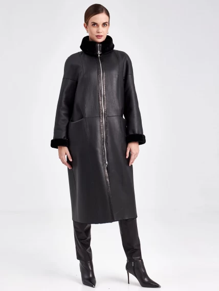 Женское двустороннее пальто из астрагана с поясом премиум класса 2015, черное, размер 48, артикул 63790-1
