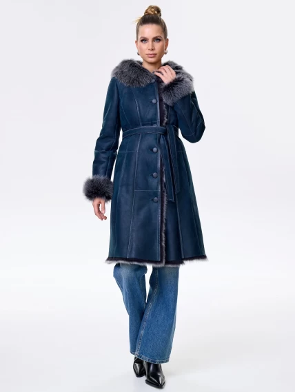Длинная женская дубленка из тосканы с капюшоном 123нк, синяя, размер 40, артикул 61913-4