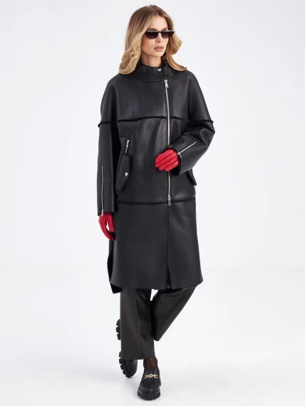 Молодежное женское пальто из натуральной овчины премиум класса 2029, черное, размер 52, артикул 63910-3