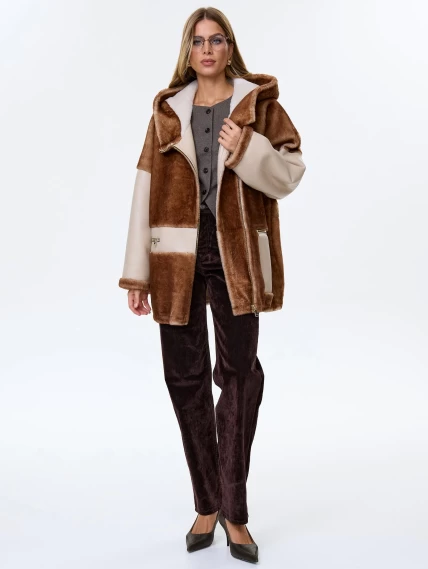 Женское полупальто с капюшоном из натуральной овчины астрагана премиум класса 2058, бежевое, размер 52, артикул 64360-0
