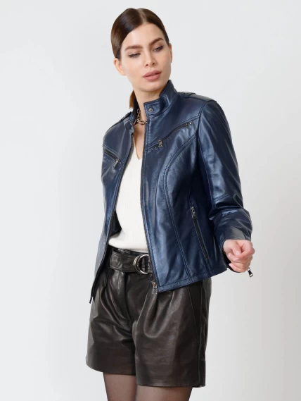 Кожаная куртка женская 399, синий перламутр, размер 46, артикул 90932-5