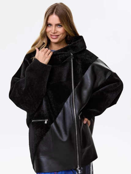 Женское полупальто оверсайз из натуральной овчины с капюшоном премиум класса 2055, черное, размер 50, артикул 64270-0