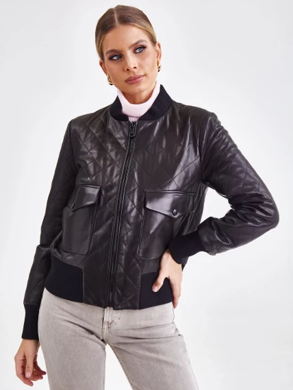 Кожаный стеганый женский бомбер премиум класса 3042, черный, размер 50, артикул 23251-3